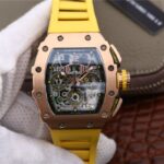 高仿理查德·米勒RM11-03 RG KV厂玫瑰金限量版黑盘日历计时黄色表带