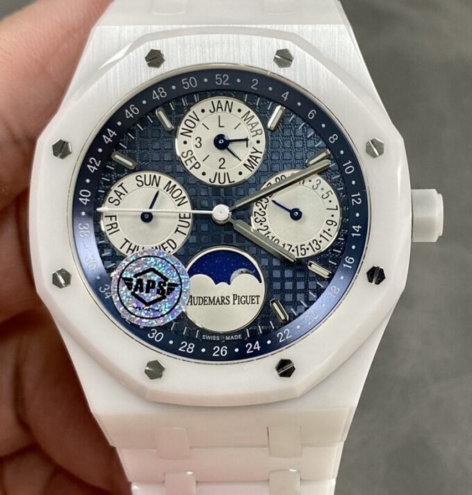 高仿爱彼皇家橡树系列26579CB.OO.1225CB.01 APS厂万年历白色陶瓷蓝盘价格及图片-太古汇表业复刻手表商城